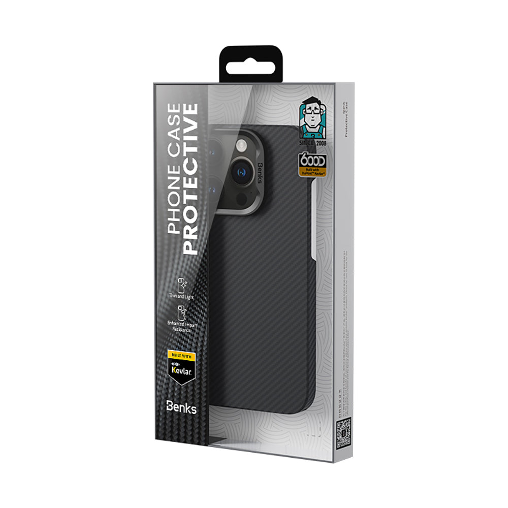 iPhone 16 Pro Max Kılıf Benks M-safe Şarj Özellikli Metal Kamera Çerçeveli Magnetik ArmorAir 600D Kevlar Karbon Fiber Kılıf