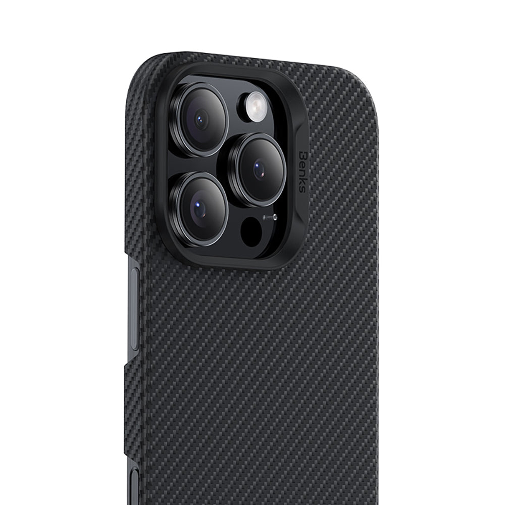 iPhone 16 Pro Max Kılıf Benks M-safe Şarj Özellikli Metal Kamera Çerçeveli Magnetik ArmorAir 600D Kevlar Karbon Fiber Kılıf