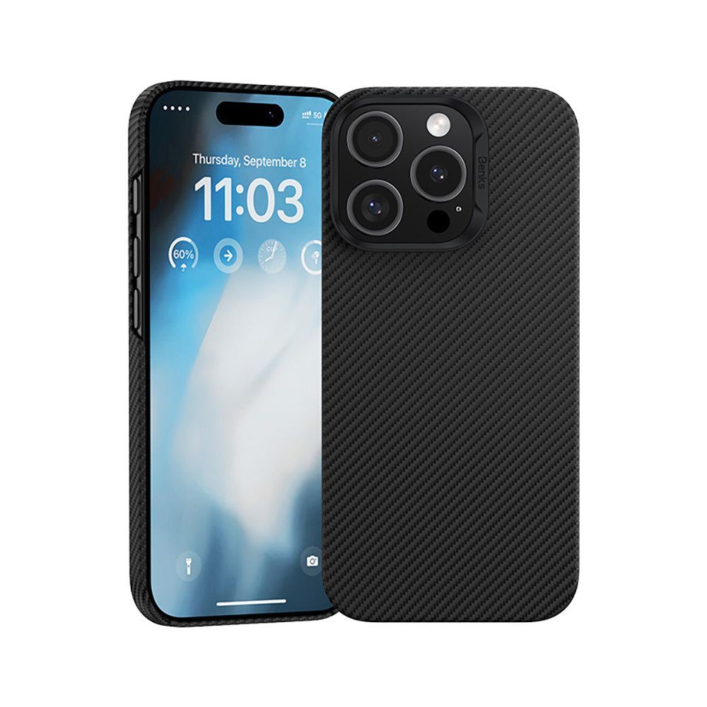 iPhone 16 Pro Max Kılıf Benks M-safe Şarj Özellikli Metal Kamera Çerçeveli Magnetik ArmorAir 600D Kevlar Karbon Fiber Kılıf