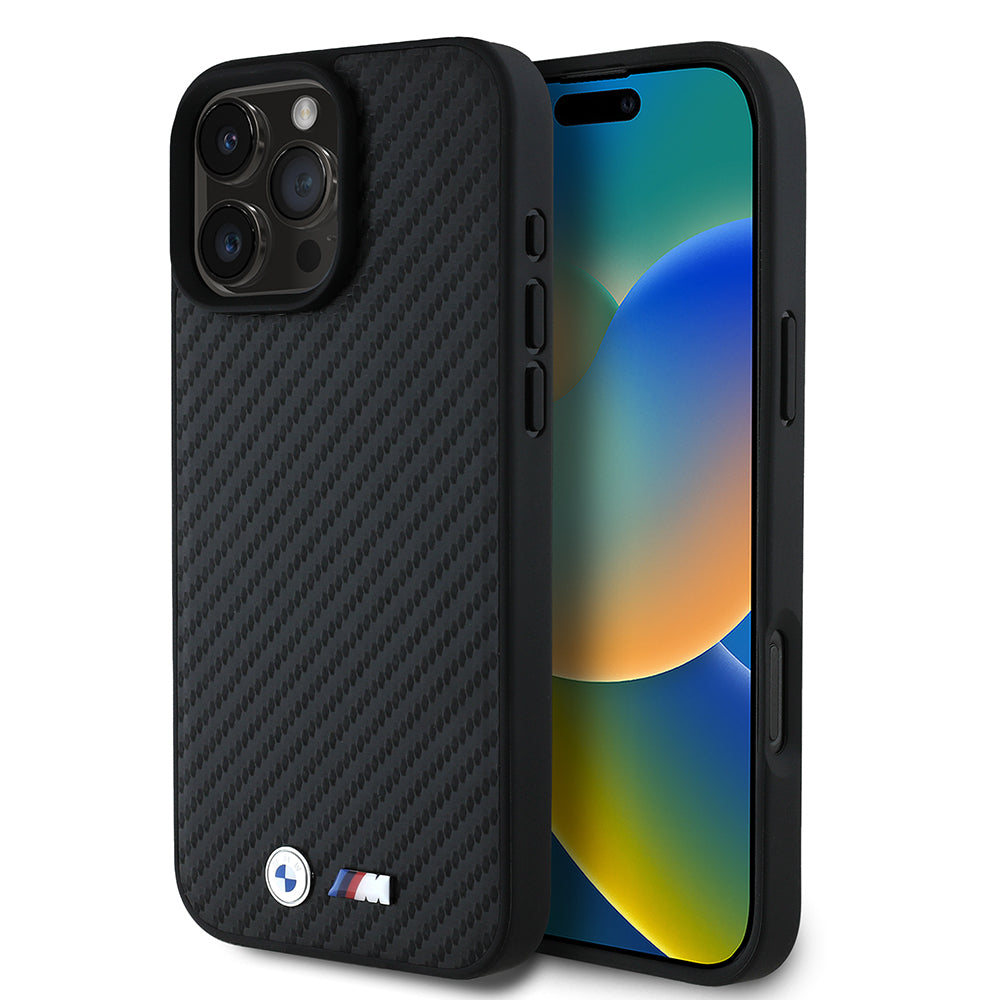 iPhone 16 Pro Max Kılıf BMW Orijinal Lisanslı Karbon Fiber Tasarımlı ve Metal Logolu PU Deri Kılıf