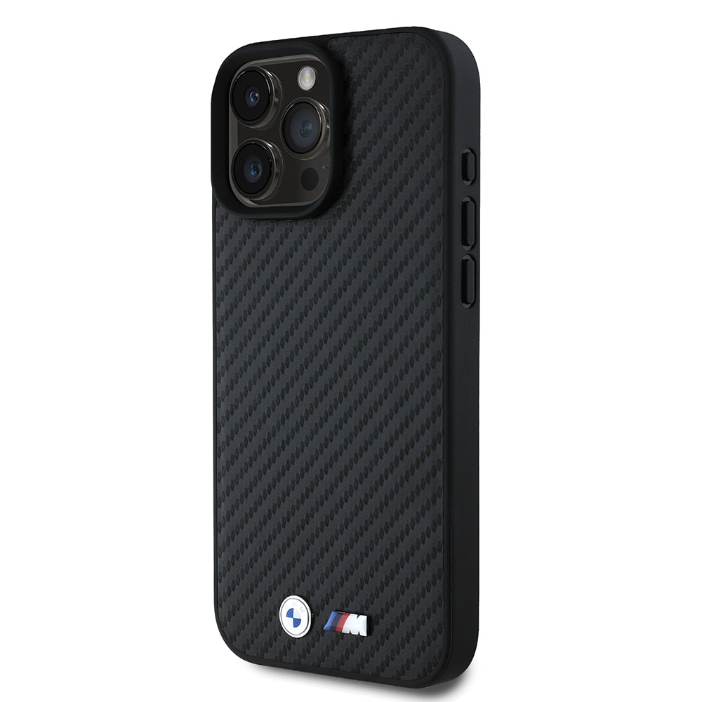 iPhone 16 Pro Max Kılıf BMW Orijinal Lisanslı Karbon Fiber Tasarımlı ve Metal Logolu PU Deri Kılıf