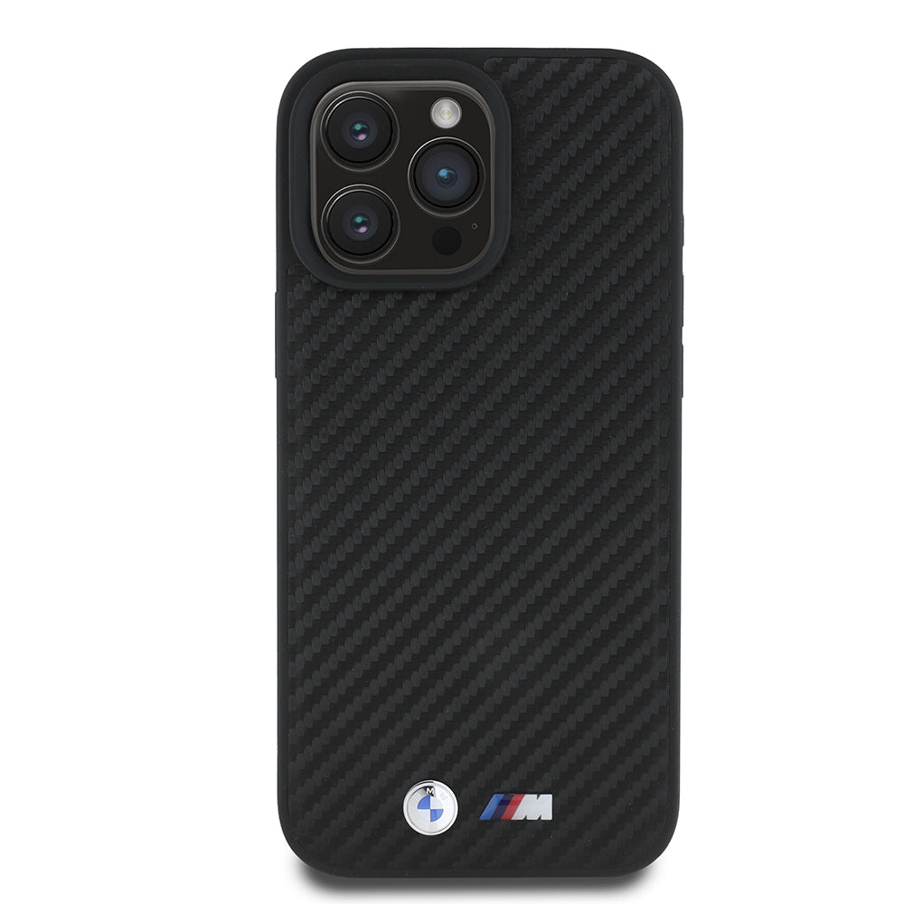 iPhone 16 Pro Max Kılıf BMW Orijinal Lisanslı Karbon Fiber Tasarımlı ve Metal Logolu PU Deri Kılıf