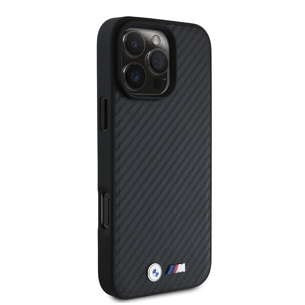 iPhone 16 Pro Max Kılıf BMW Orijinal Lisanslı Karbon Fiber Tasarımlı ve Metal Logolu PU Deri Kılıf