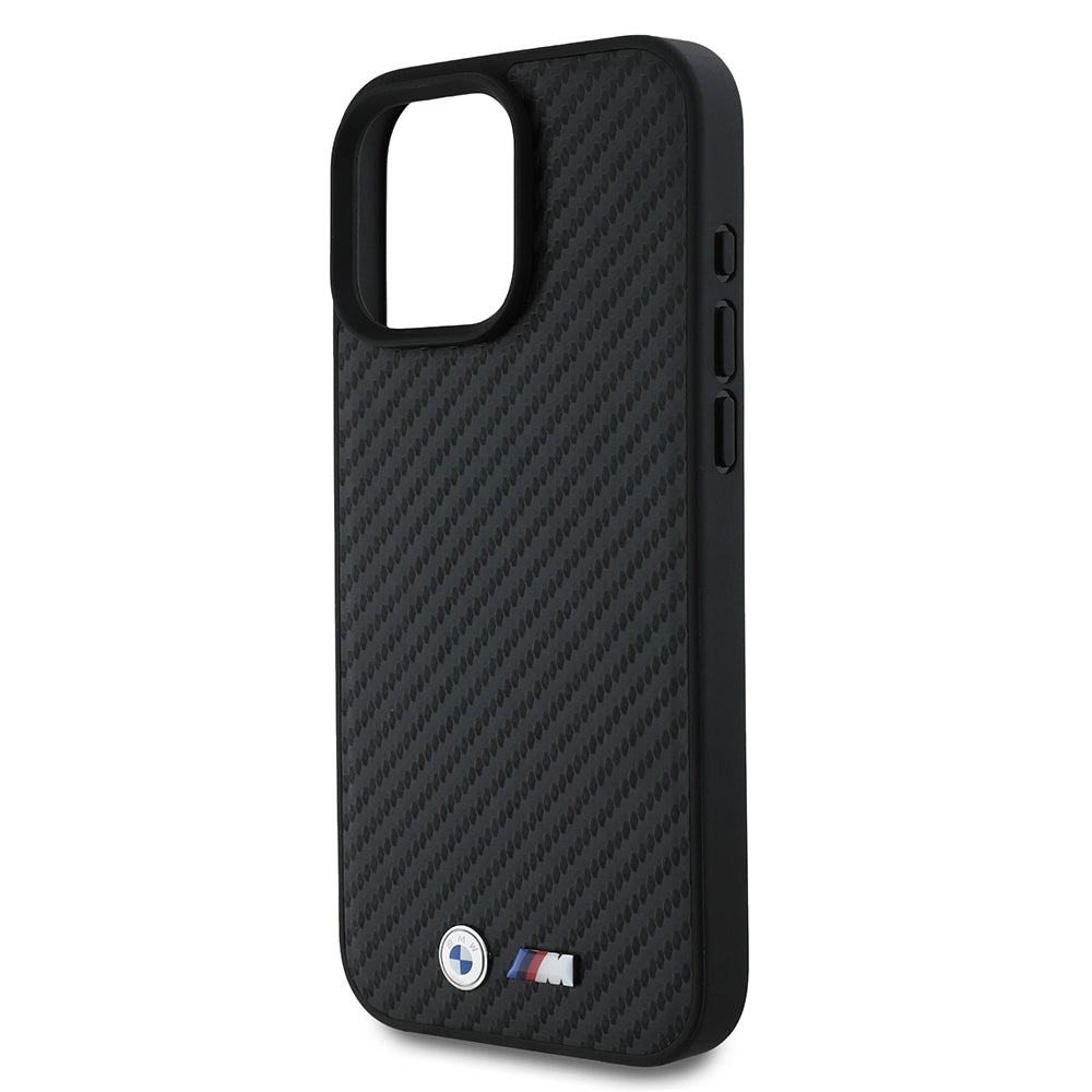 iPhone 16 Pro Max Kılıf BMW Orijinal Lisanslı Karbon Fiber Tasarımlı ve Metal Logolu PU Deri Kılıf