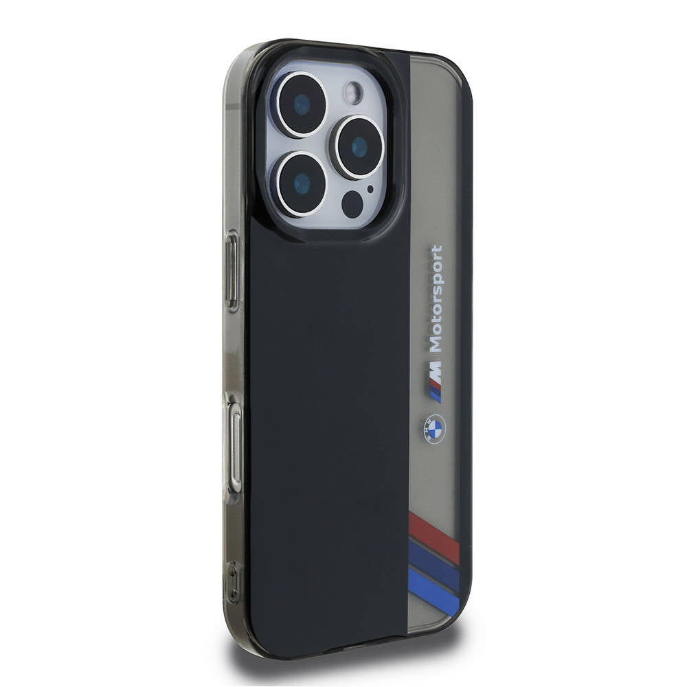 iPhone 16 Pro Max Kılıf BMW Orijinal Lisanslı M Logolu Üç Renk Çizgili Motorsport Vertical Stripe Kılıf