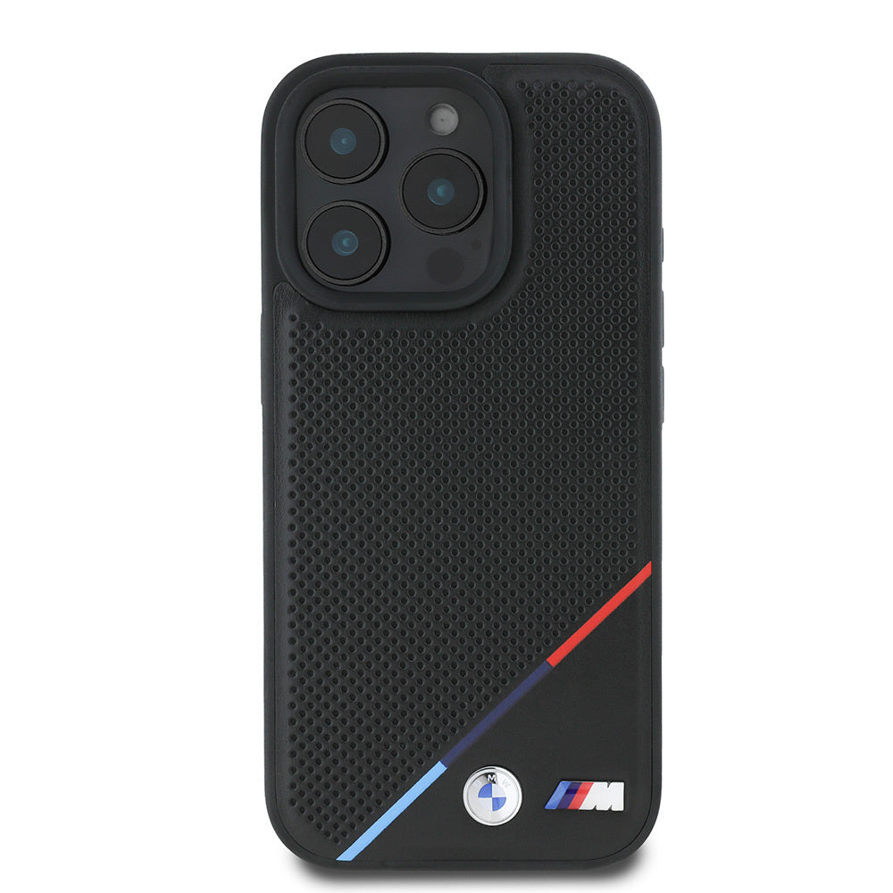 iPhone 16 Pro Max Kılıf BMW Orijinal Lisanslı M-safe Şarj Özellikli M Logolu Üç Çizgili Delikli Deri Kılıf