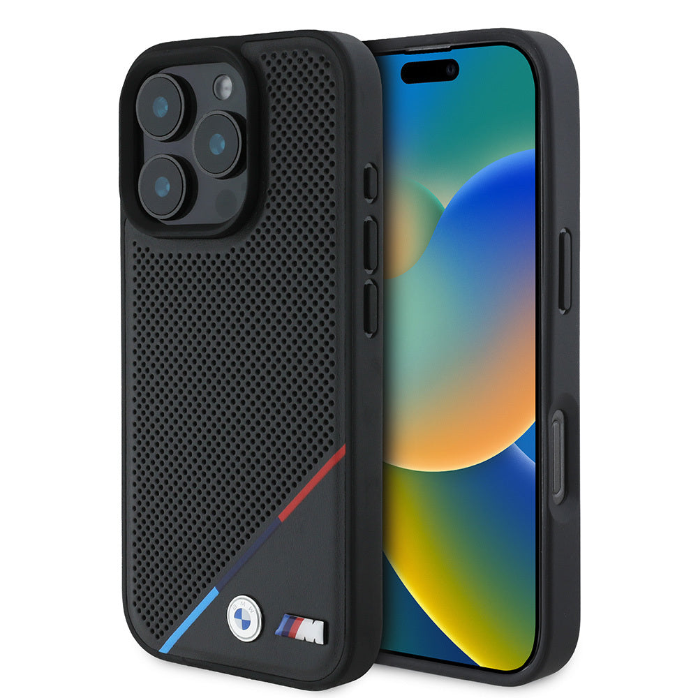 iPhone 16 Pro Max Kılıf BMW Orijinal Lisanslı M-safe Şarj Özellikli M Logolu Üç Çizgili Delikli Deri Kılıf