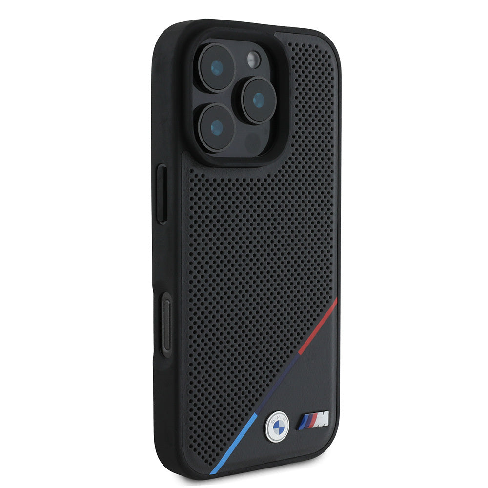 iPhone 16 Pro Max Kılıf BMW Orijinal Lisanslı M-safe Şarj Özellikli M Logolu Üç Çizgili Delikli Deri Kılıf