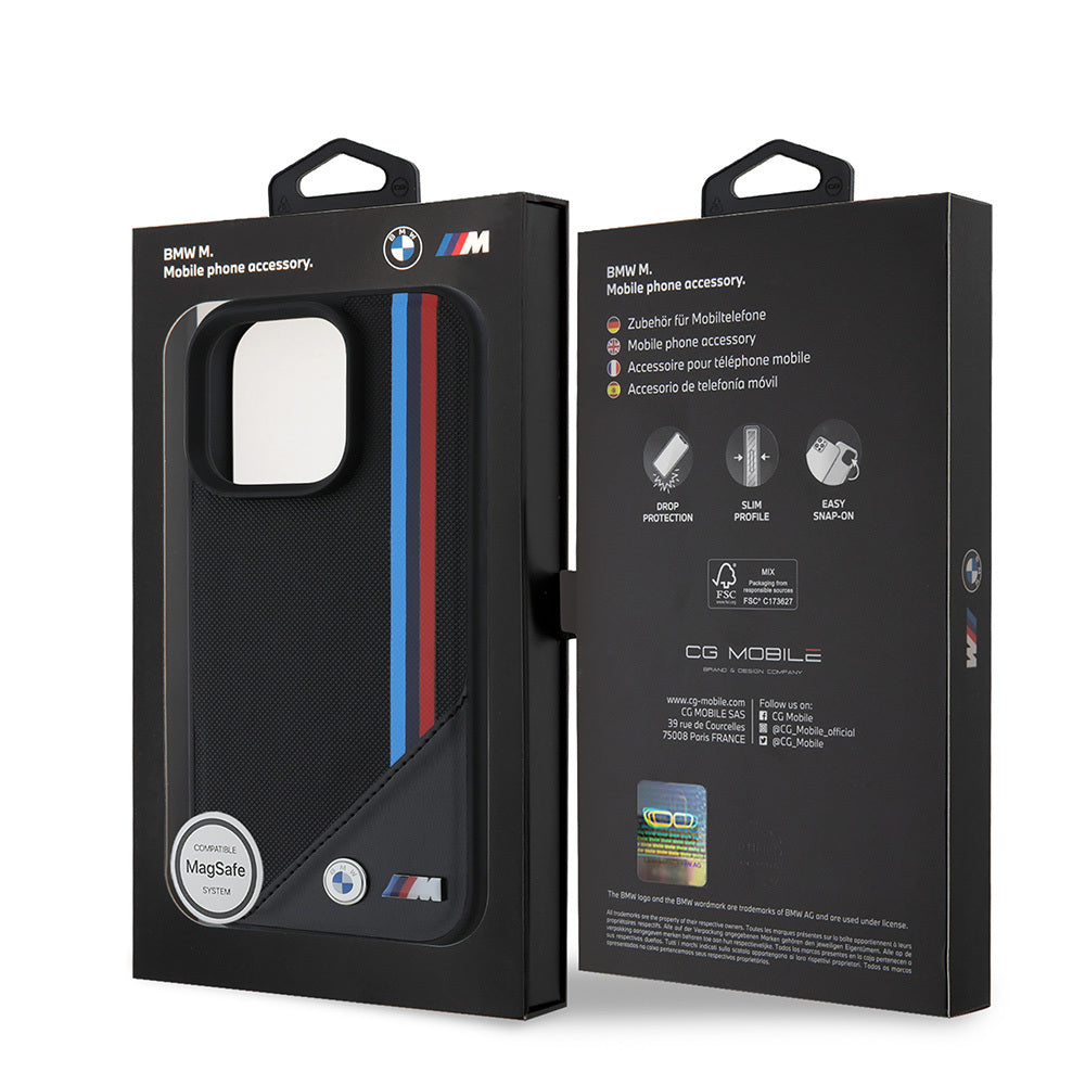 iPhone 16 Pro Max Kılıf BMW Orijinal Lisanslı M-safe Şarj Özellikli M Logolu Üç Çizgili Dikiş Detaylı Meshed Tricolor Stripes Kılıf