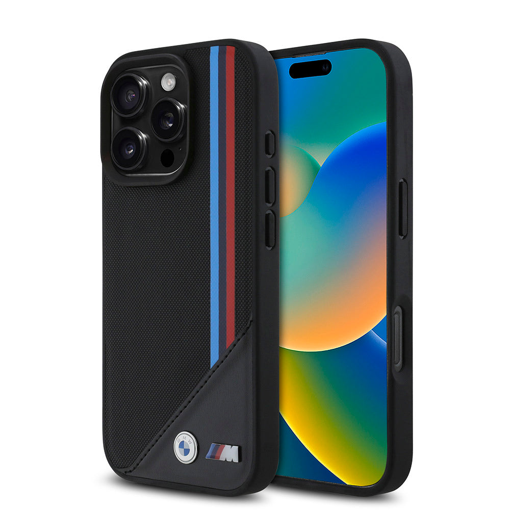 iPhone 16 Pro Max Kılıf BMW Orijinal Lisanslı M-safe Şarj Özellikli M Logolu Üç Çizgili Dikiş Detaylı Meshed Tricolor Stripes Kılıf