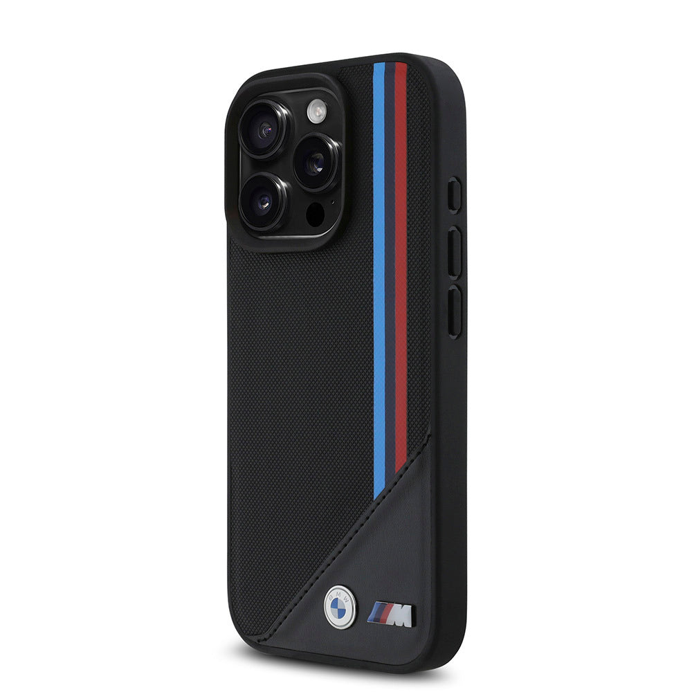 iPhone 16 Pro Max Kılıf BMW Orijinal Lisanslı M-safe Şarj Özellikli M Logolu Üç Çizgili Dikiş Detaylı Meshed Tricolor Stripes Kılıf
