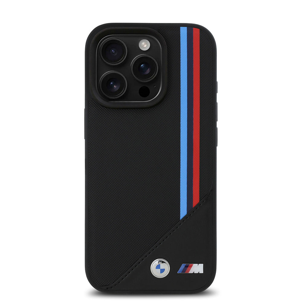 iPhone 16 Pro Max Kılıf BMW Orijinal Lisanslı M-safe Şarj Özellikli M Logolu Üç Çizgili Dikiş Detaylı Meshed Tricolor Stripes Kılıf
