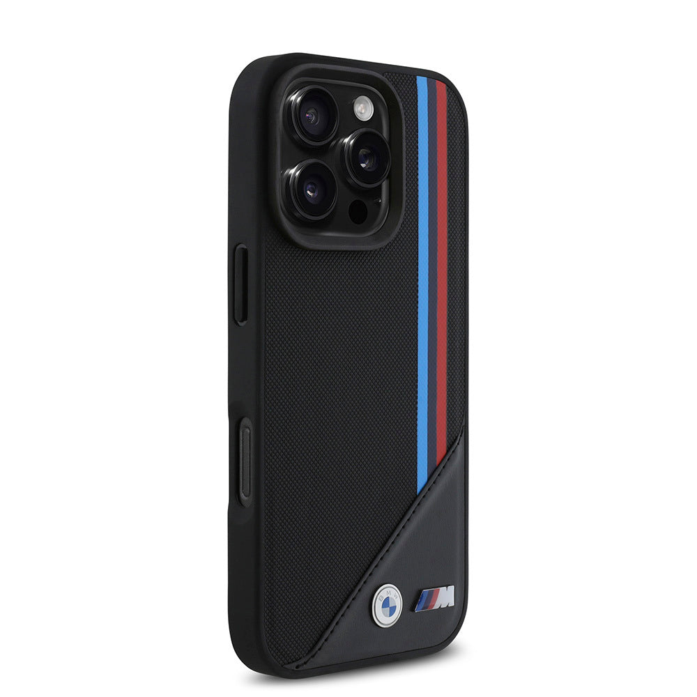 iPhone 16 Pro Max Kılıf BMW Orijinal Lisanslı M-safe Şarj Özellikli M Logolu Üç Çizgili Dikiş Detaylı Meshed Tricolor Stripes Kılıf