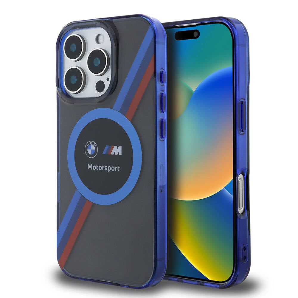 iPhone 16 Pro Max Kılıf BMW Orijinal Lisanslı M-safe Şarj Özellikli M Logolu Üç Renk Çizgili Motorsport Circle Kılıf