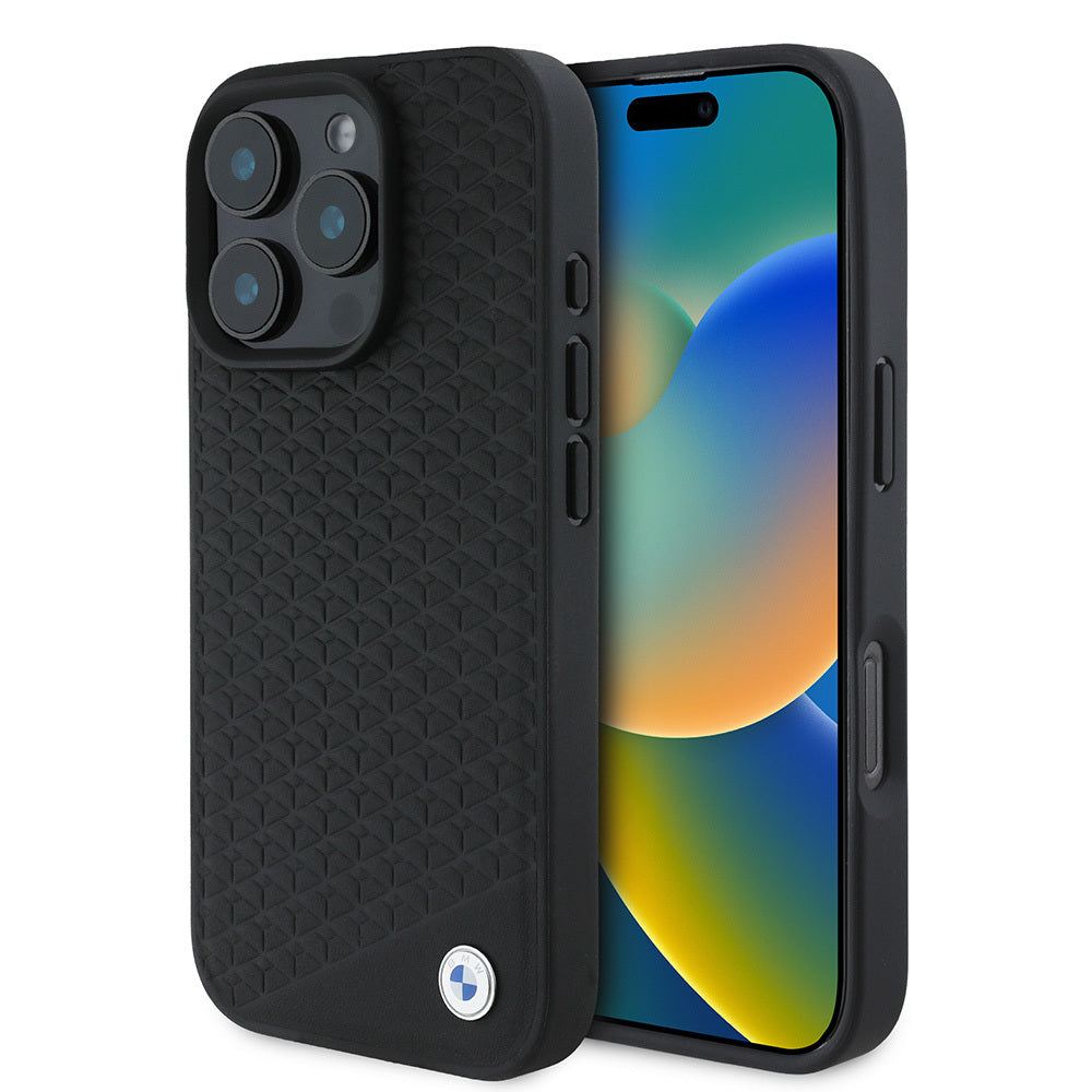 iPhone 16 Pro Max Kılıf BMW Orijinal Lisanslı M-safe Şarj Özellikli Metal Logolu Dokulu Diamond Deri Kılıf