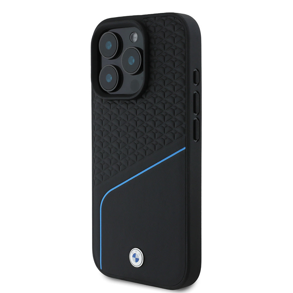 iPhone 16 Pro Max Kılıf BMW Orijinal Lisanslı M-safe Şarj Özellikli Metal Logolu Dokulu ve Çizgili Deri Kılıf