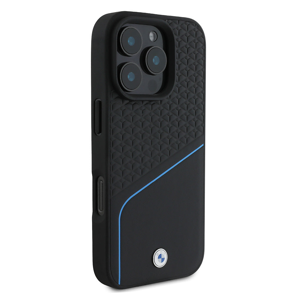 iPhone 16 Pro Max Kılıf BMW Orijinal Lisanslı M-safe Şarj Özellikli Metal Logolu Dokulu ve Çizgili Deri Kılıf