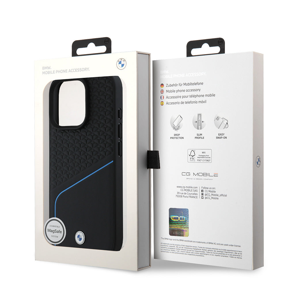 iPhone 16 Pro Max Kılıf BMW Orijinal Lisanslı M-safe Şarj Özellikli Metal Logolu Dokulu ve Çizgili Deri Kılıf