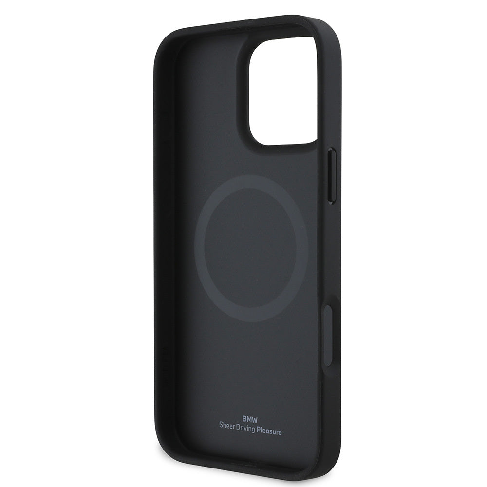 iPhone 16 Pro Max Kılıf BMW Orijinal Lisanslı M-safe Şarj Özellikli Metal Logolu Dokulu ve Çizgili Deri Kılıf