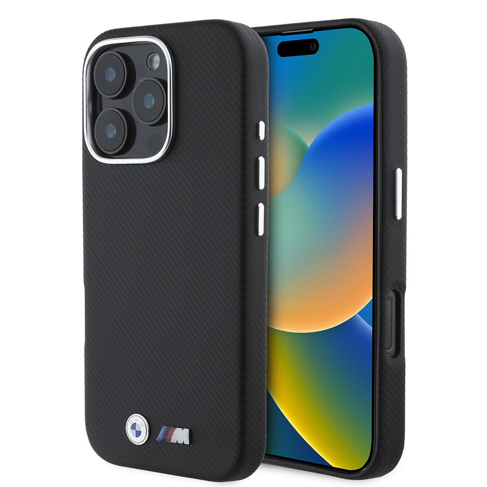 iPhone 16 Pro Max Kılıf BMW Orijinal Lisanslı Tam Sarılmış Karbon Tasarımlı Metal Logo Suni Deri Kılıf