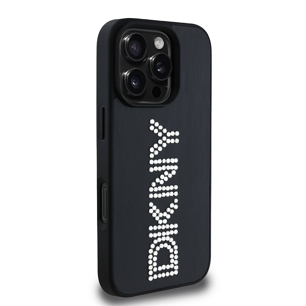 iPhone 16 Pro Max Kılıf DKNY Orijinal Lisanslı Taşlı DKNY Yazılı Metalik Rhinestones PU Deri Kılıf