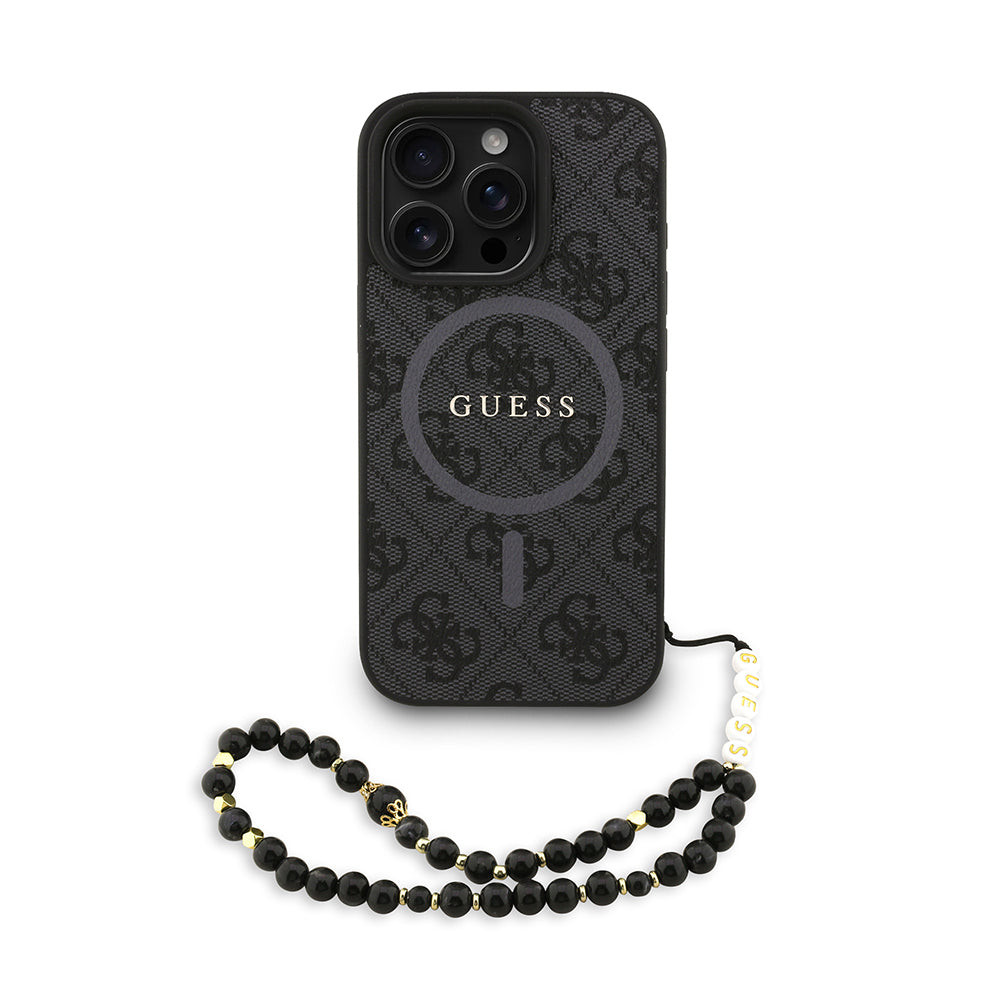 iPhone 16 Pro Max Kılıf Guess Orijinal Lisanslı M-safe Şarj Özellikli PU Deri Bilek Askı İpli Yazı Logolu Kılıf