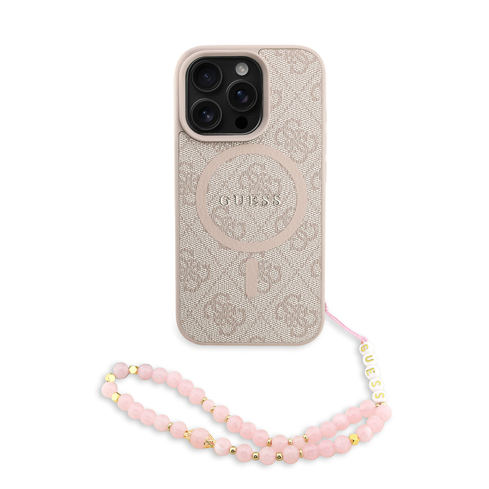 iPhone 16 Pro Max Kılıf Guess Orijinal Lisanslı M-safe Şarj Özellikli PU Deri Bilek Askı İpli Yazı Logolu Kılıf