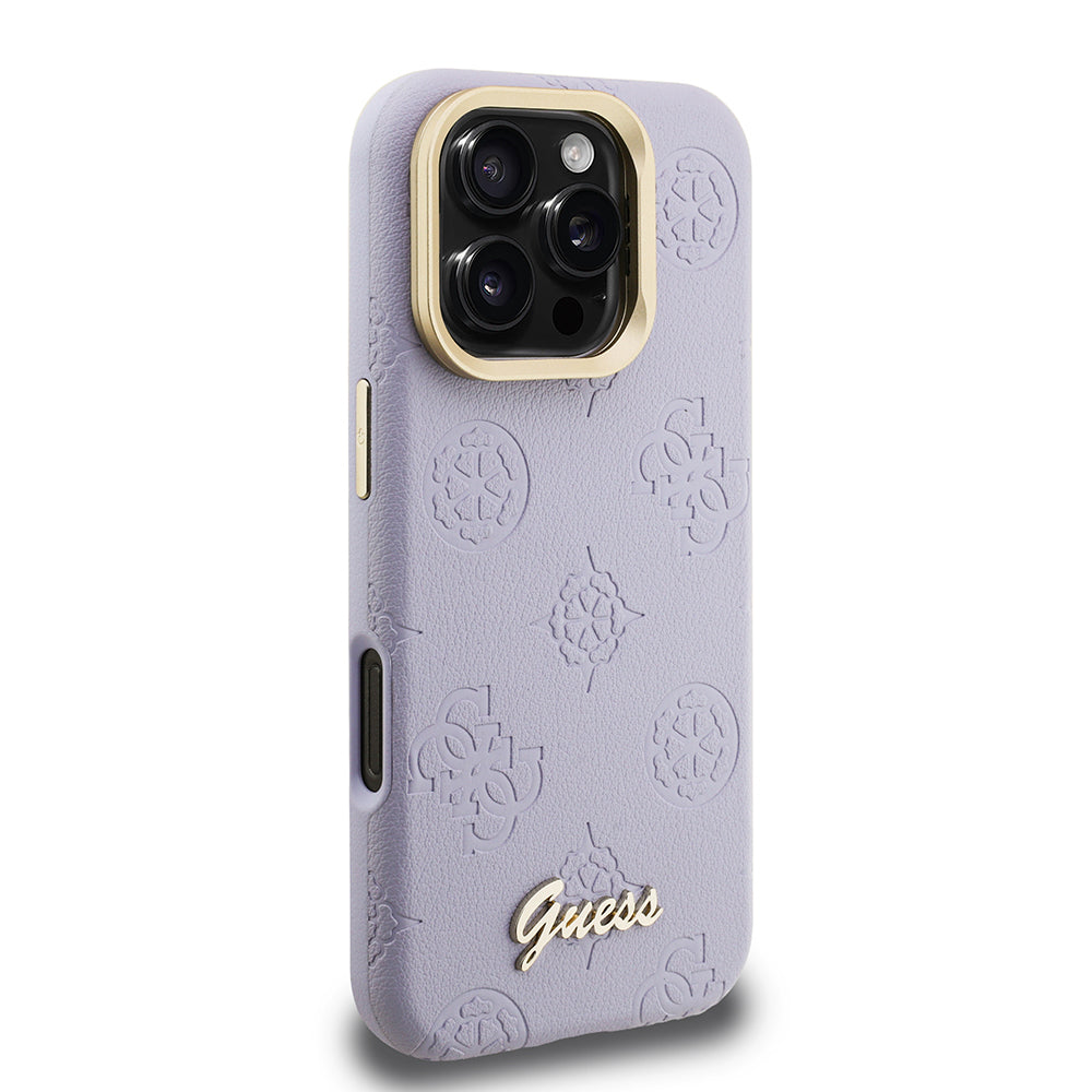 iPhone 16 Pro Max Kılıf Guess Orijinal Lisanslı M-safe Şarj Özellikli Sıcak Baskılı Yazı Logolu Kamera Standlı PU Deri Peony Kılıf