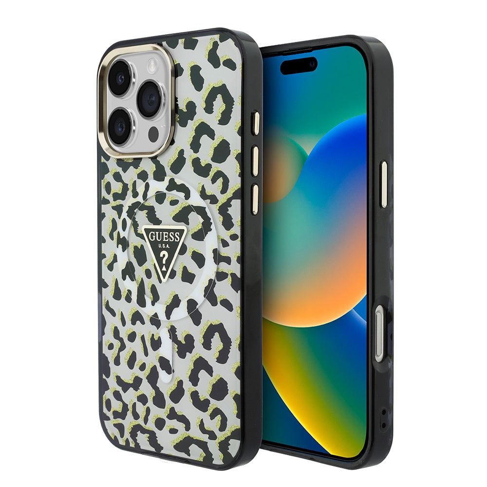 iPhone 16 Pro Max Kılıf Guess Orijinal Lisanslı M-safe Şarj Özellikli Üçgen Logolu Simli Leopar Desenli Kılıf