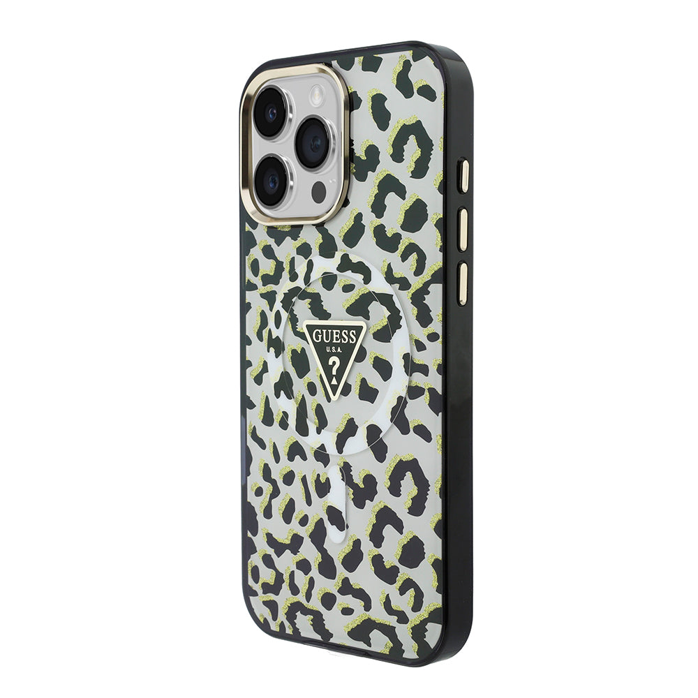 iPhone 16 Pro Max Kılıf Guess Orijinal Lisanslı M-safe Şarj Özellikli Üçgen Logolu Simli Leopar Desenli Kılıf