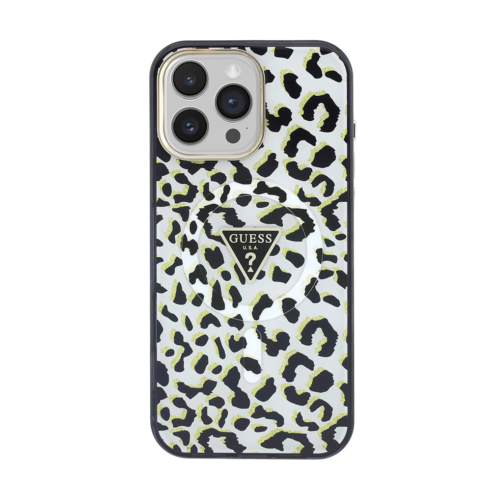 iPhone 16 Pro Max Kılıf Guess Orijinal Lisanslı M-safe Şarj Özellikli Üçgen Logolu Simli Leopar Desenli Kılıf