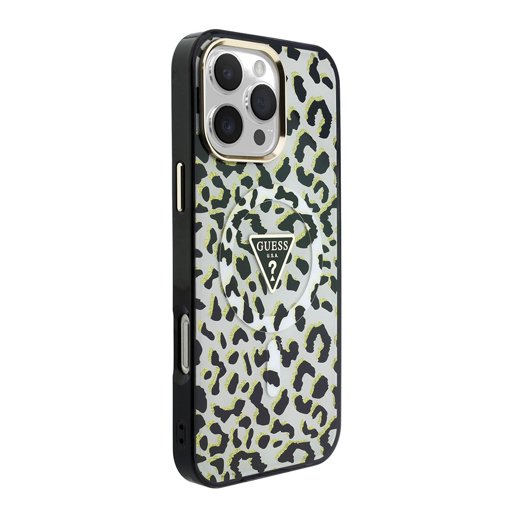 iPhone 16 Pro Max Kılıf Guess Orijinal Lisanslı M-safe Şarj Özellikli Üçgen Logolu Simli Leopar Desenli Kılıf