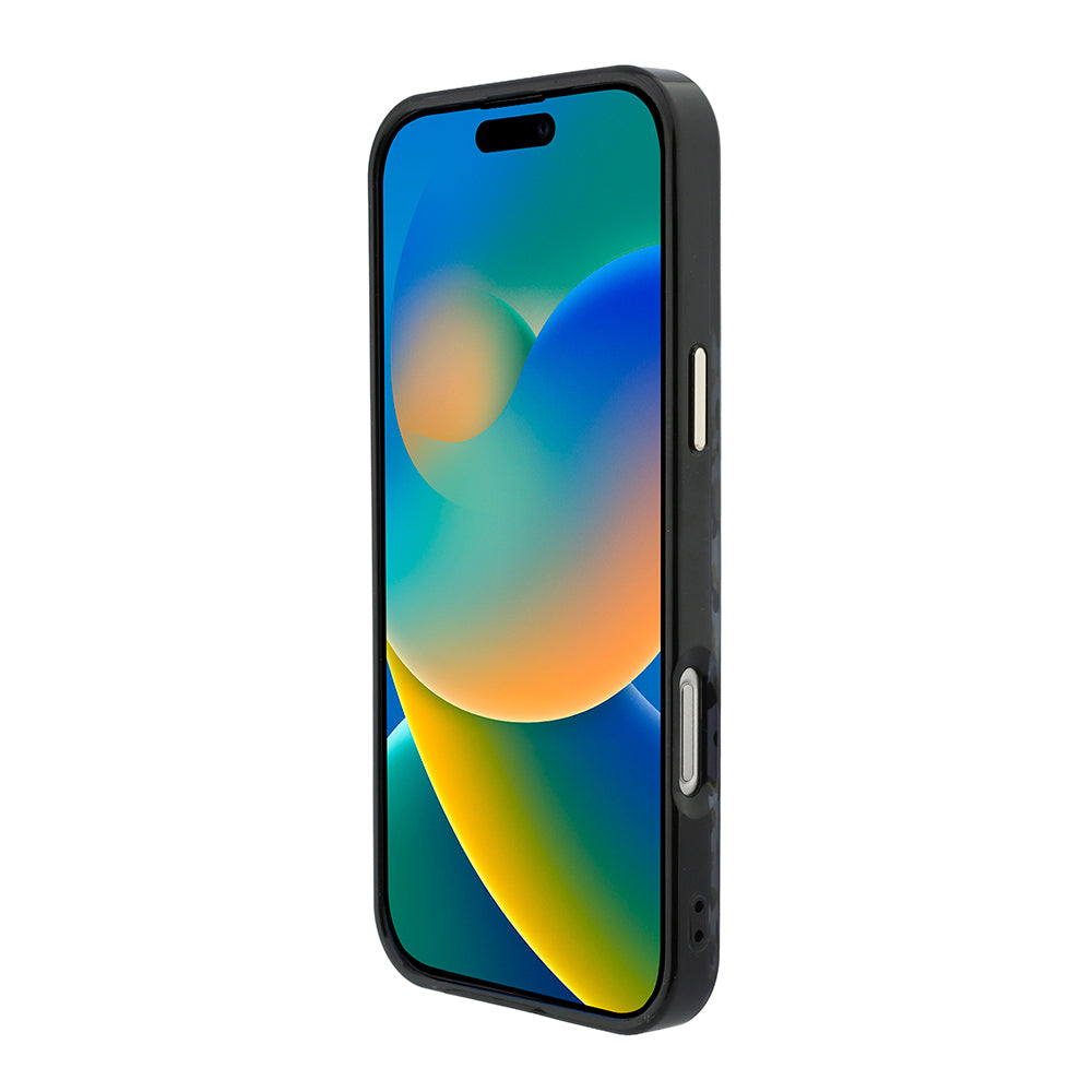 iPhone 16 Pro Max Kılıf Guess Orijinal Lisanslı M-safe Şarj Özellikli Üçgen Logolu Simli Leopar Desenli Kılıf