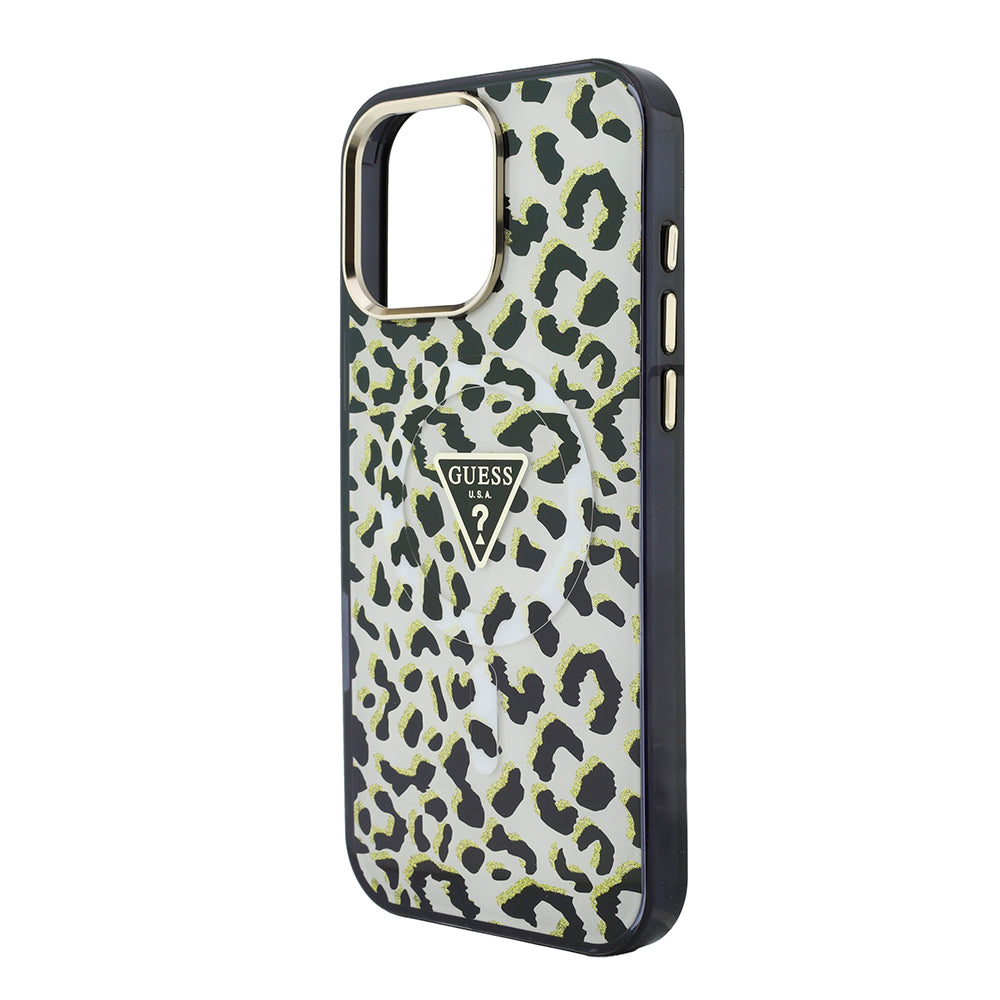 iPhone 16 Pro Max Kılıf Guess Orijinal Lisanslı M-safe Şarj Özellikli Üçgen Logolu Simli Leopar Desenli Kılıf