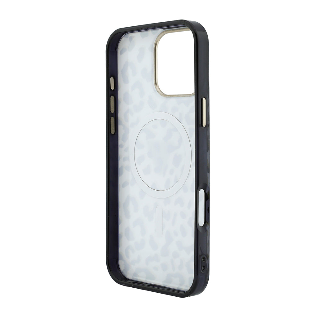 iPhone 16 Pro Max Kılıf Guess Orijinal Lisanslı M-safe Şarj Özellikli Üçgen Logolu Simli Leopar Desenli Kılıf