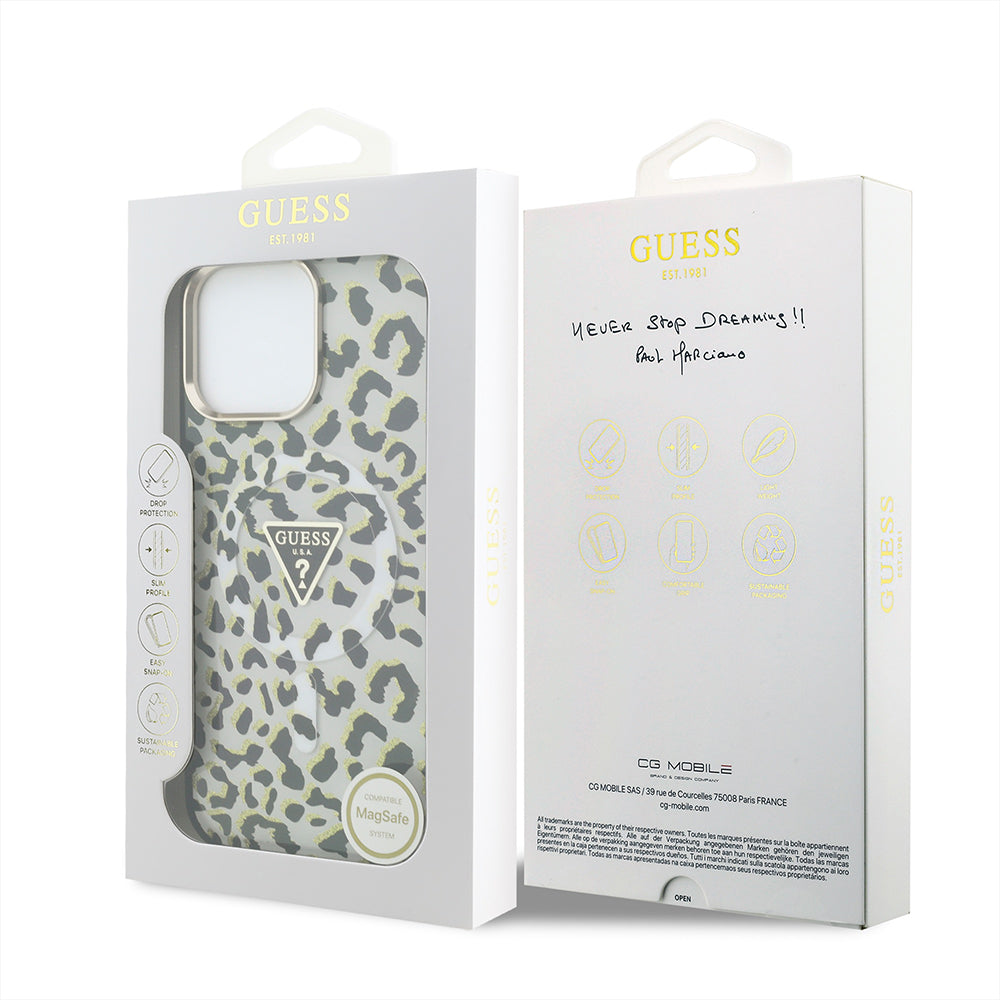 iPhone 16 Pro Max Kılıf Guess Orijinal Lisanslı M-safe Şarj Özellikli Üçgen Logolu Simli Leopar Desenli Kılıf