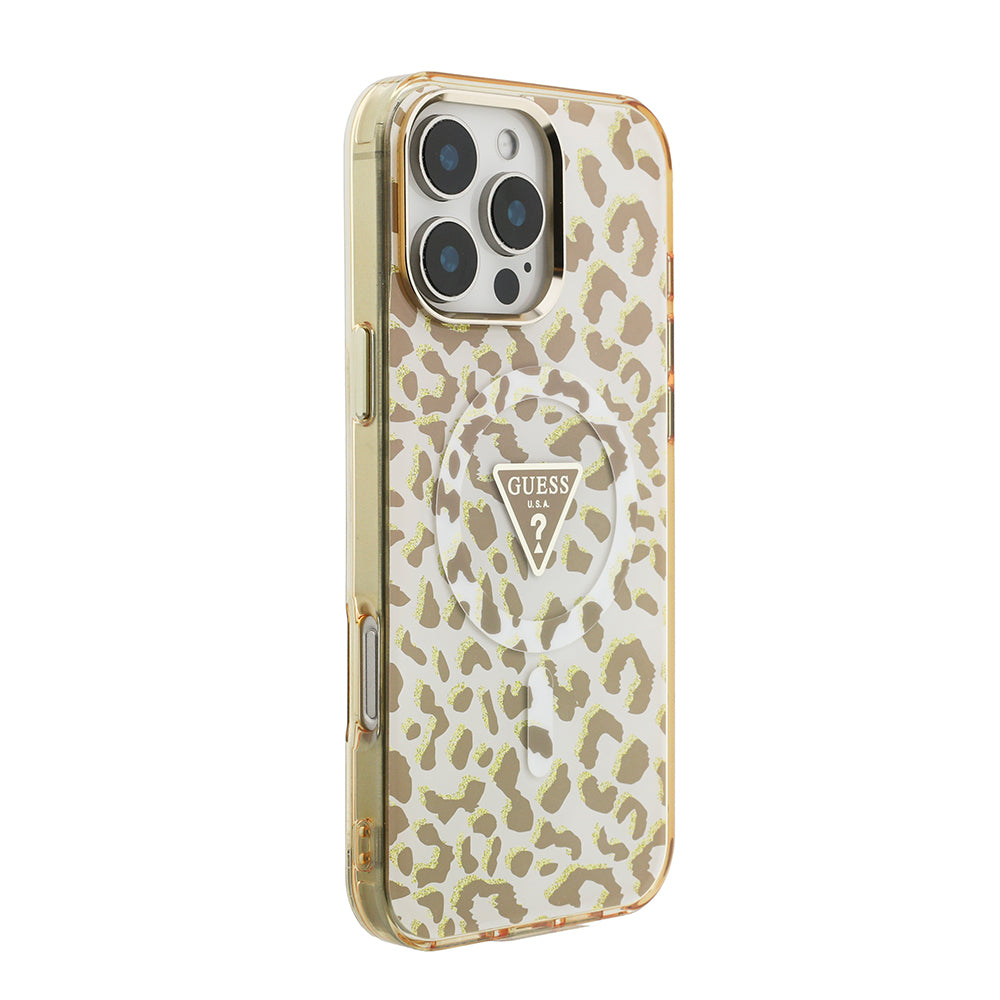 iPhone 16 Pro Max Kılıf Guess Orijinal Lisanslı M-safe Şarj Özellikli Üçgen Logolu Simli Leopar Desenli Kılıf