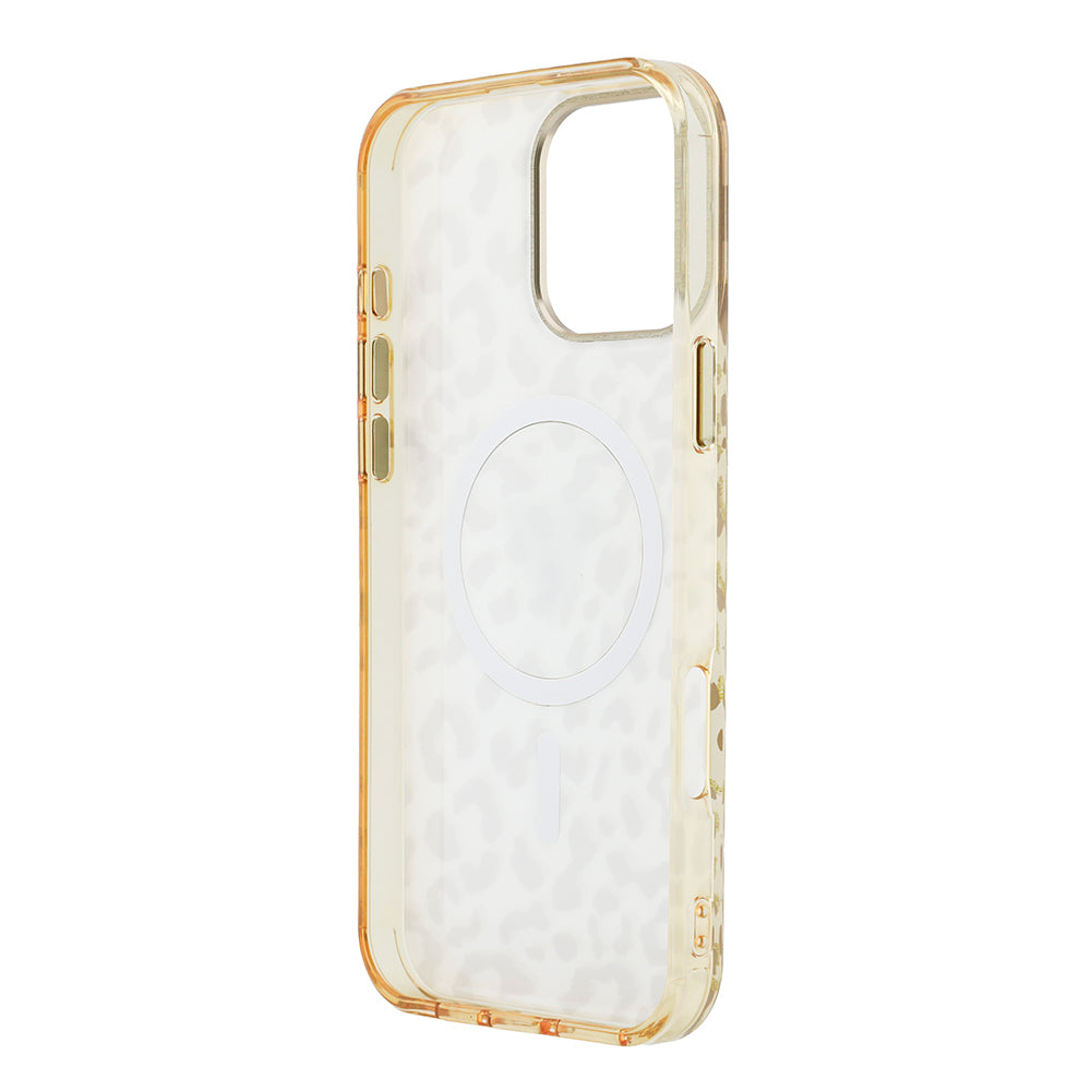 iPhone 16 Pro Max Kılıf Guess Orijinal Lisanslı M-safe Şarj Özellikli Üçgen Logolu Simli Leopar Desenli Kılıf