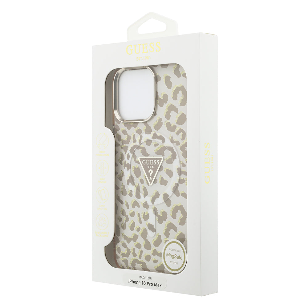 iPhone 16 Pro Max Kılıf Guess Orijinal Lisanslı M-safe Şarj Özellikli Üçgen Logolu Simli Leopar Desenli Kılıf