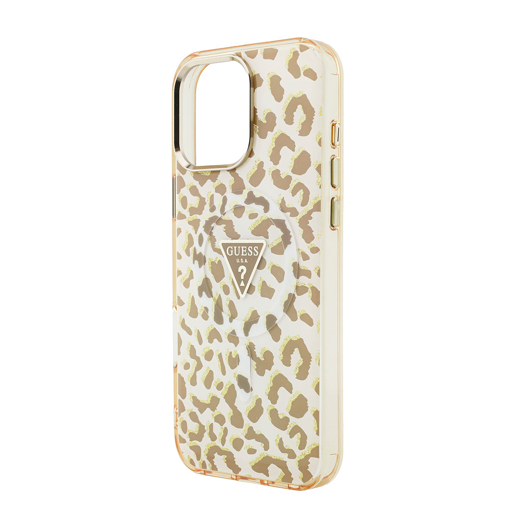 iPhone 16 Pro Max Kılıf Guess Orijinal Lisanslı M-safe Şarj Özellikli Üçgen Logolu Simli Leopar Desenli Kılıf