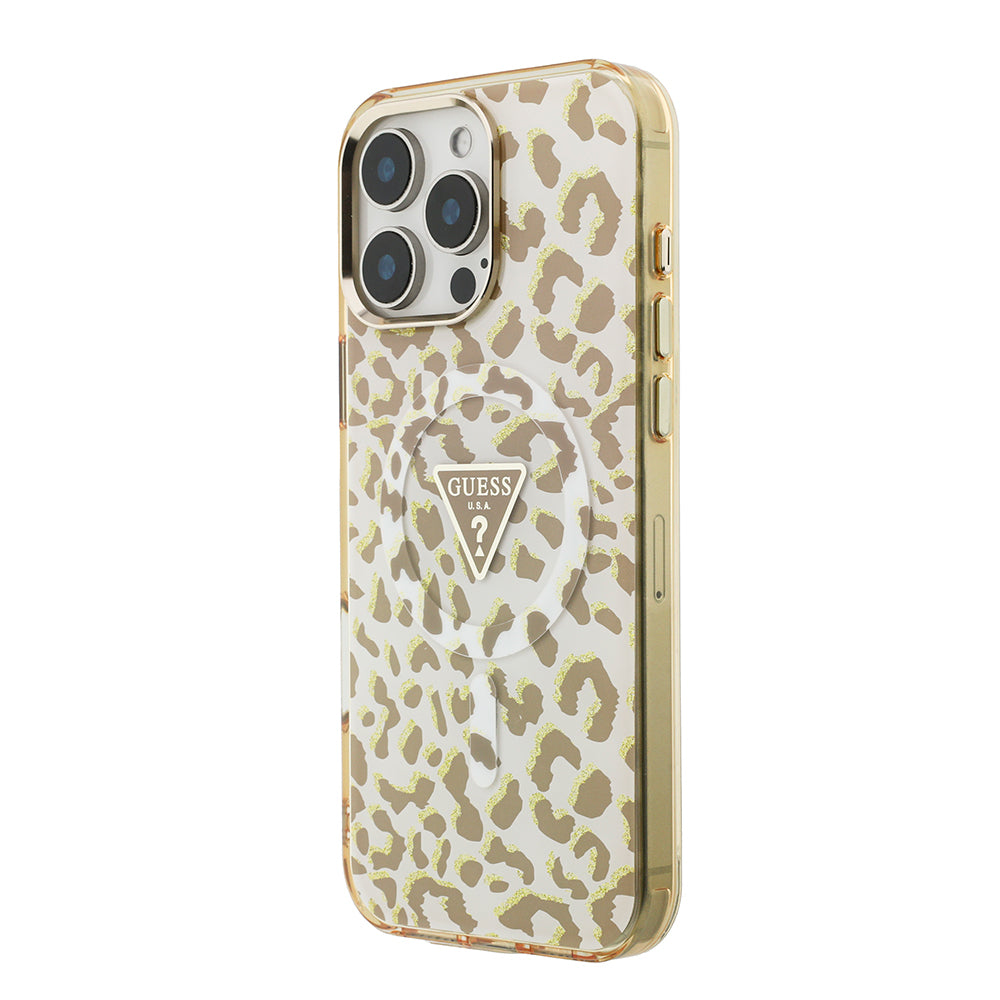 iPhone 16 Pro Max Kılıf Guess Orijinal Lisanslı M-safe Şarj Özellikli Üçgen Logolu Simli Leopar Desenli Kılıf