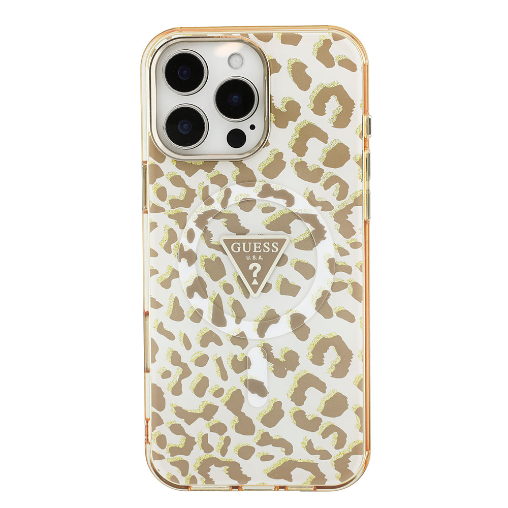 iPhone 16 Pro Max Kılıf Guess Orijinal Lisanslı M-safe Şarj Özellikli Üçgen Logolu Simli Leopar Desenli Kılıf