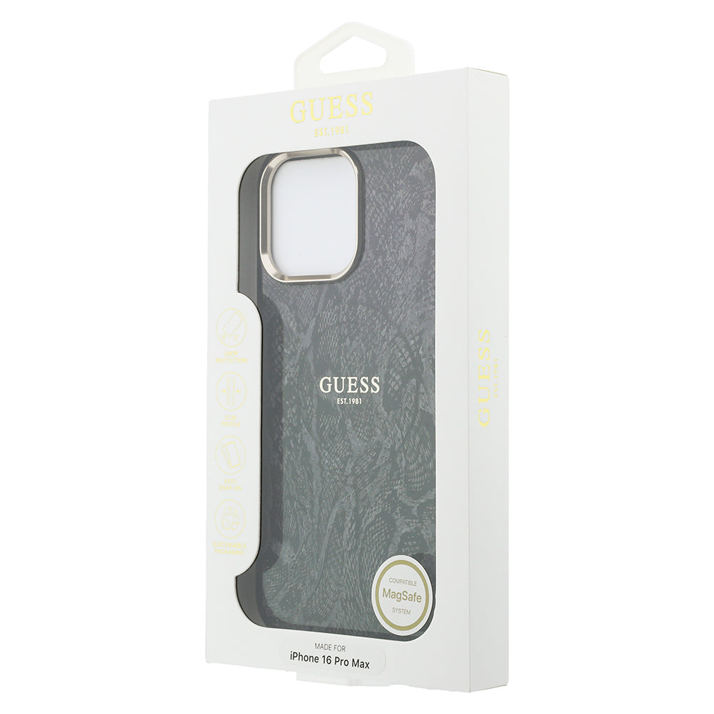 iPhone 16 Pro Max Kılıf Guess Orijinal Lisanslı M-safe Şarj Özellikli Yazı Logolu Python Desenli Kılıf