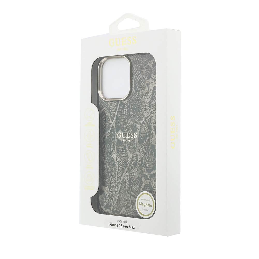iPhone 16 Pro Max Kılıf Guess Orijinal Lisanslı M-safe Şarj Özellikli Yazı Logolu Python Desenli Kılıf