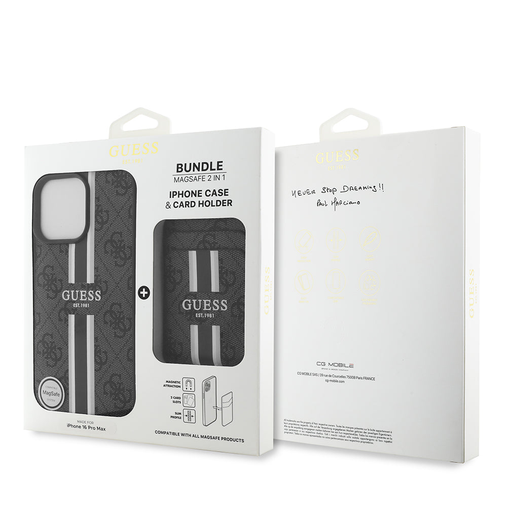 iPhone 16 Pro Max Kılıf Guess Orijinal Lisanslı M-safe Şarj Özellikli 4G Desenli Çizgili Kartlıklı Kılıf