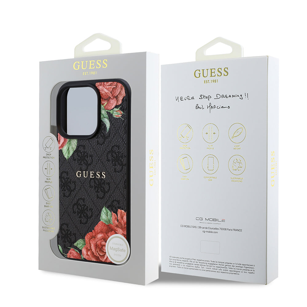 iPhone 16 Pro Max Kılıf Guess Orijinal Lisanslı M-safe Şarj Özellikli Gül Baskılı 4G Desenli Yazı Logolu Kılıf