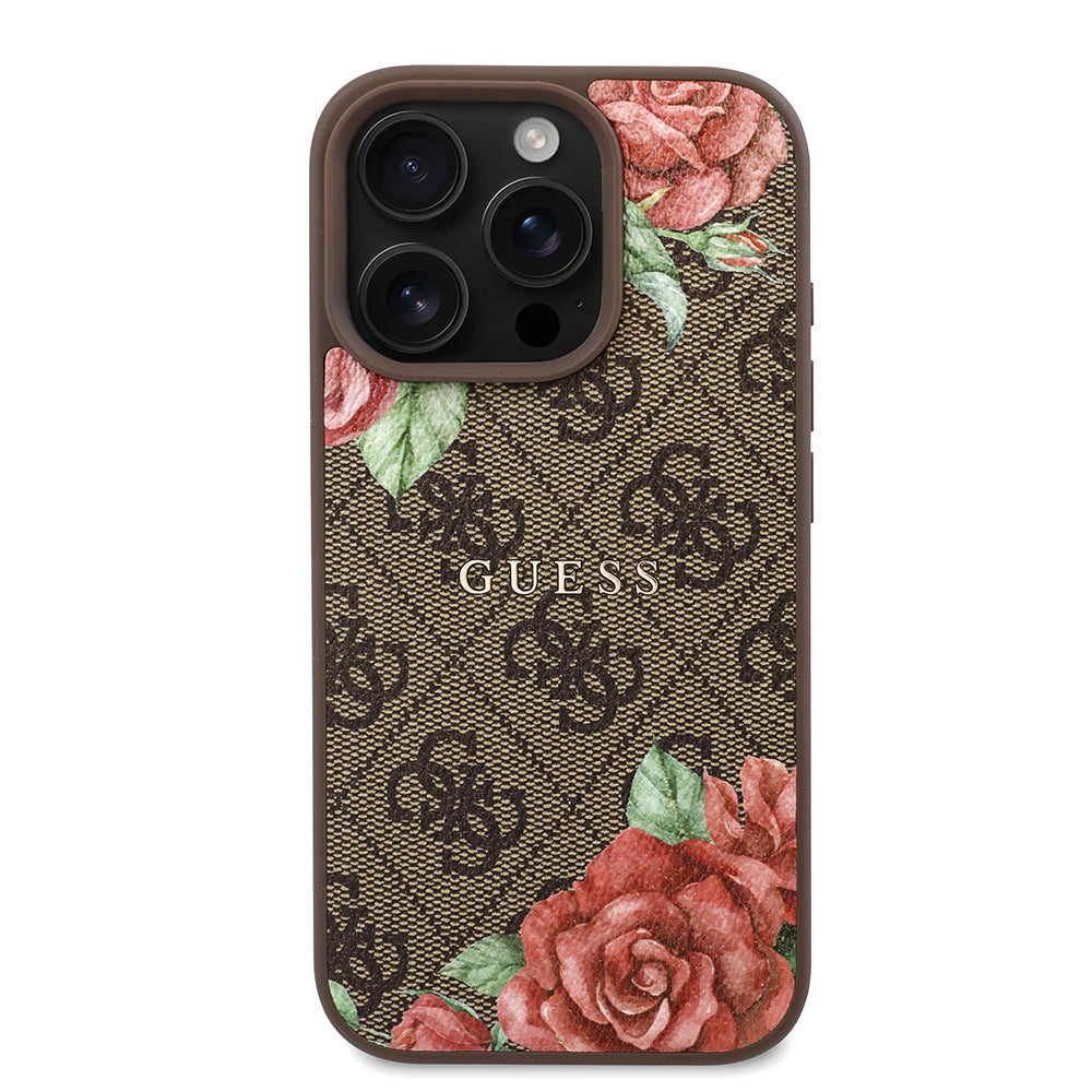 iPhone 16 Pro Max Kılıf Guess Orijinal Lisanslı M-safe Şarj Özellikli Gül Baskılı 4G Desenli Yazı Logolu Kılıf