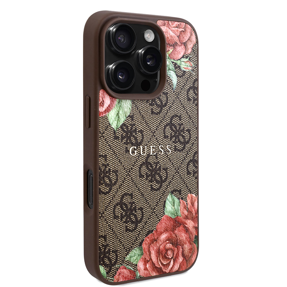 iPhone 16 Pro Max Kılıf Guess Orijinal Lisanslı M-safe Şarj Özellikli Gül Baskılı 4G Desenli Yazı Logolu Kılıf