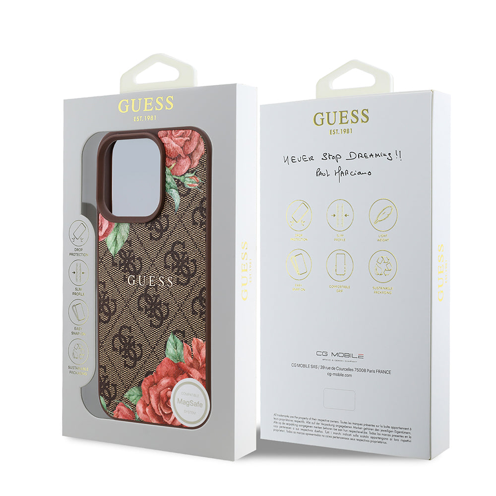 iPhone 16 Pro Max Kılıf Guess Orijinal Lisanslı M-safe Şarj Özellikli Gül Baskılı 4G Desenli Yazı Logolu Kılıf