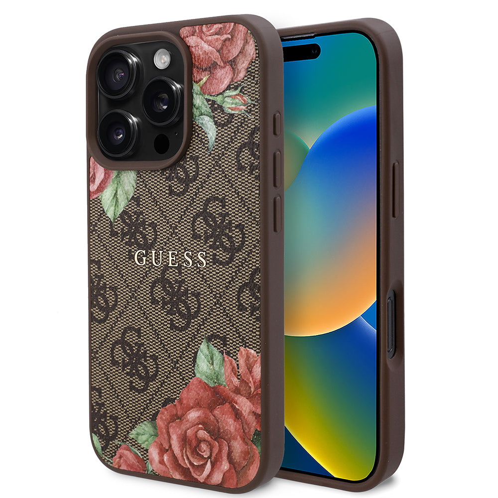 iPhone 16 Pro Max Kılıf Guess Orijinal Lisanslı M-safe Şarj Özellikli Gül Baskılı 4G Desenli Yazı Logolu Kılıf